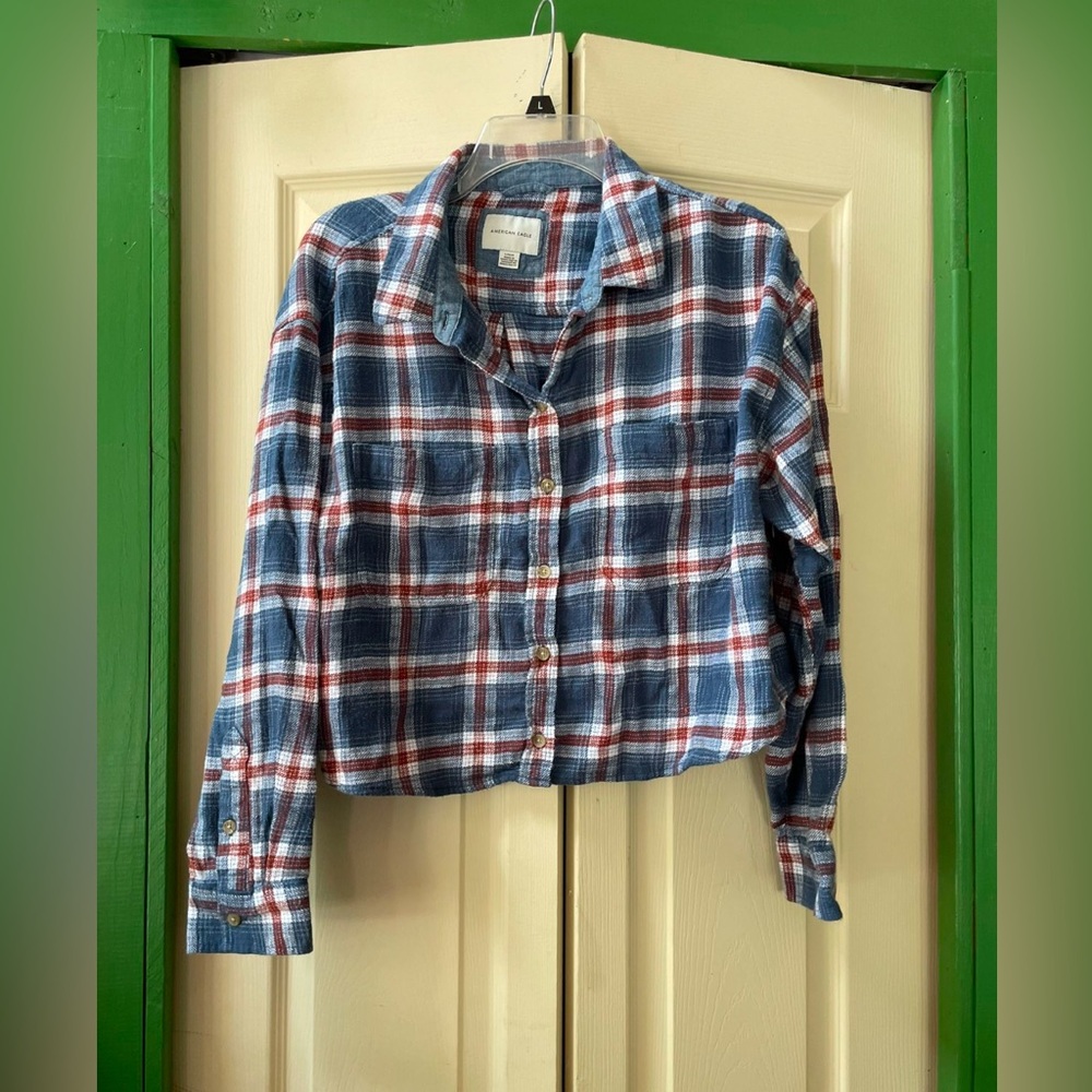 American Eagle Outfitters Blue and Red Plaid Button Down Shirt
